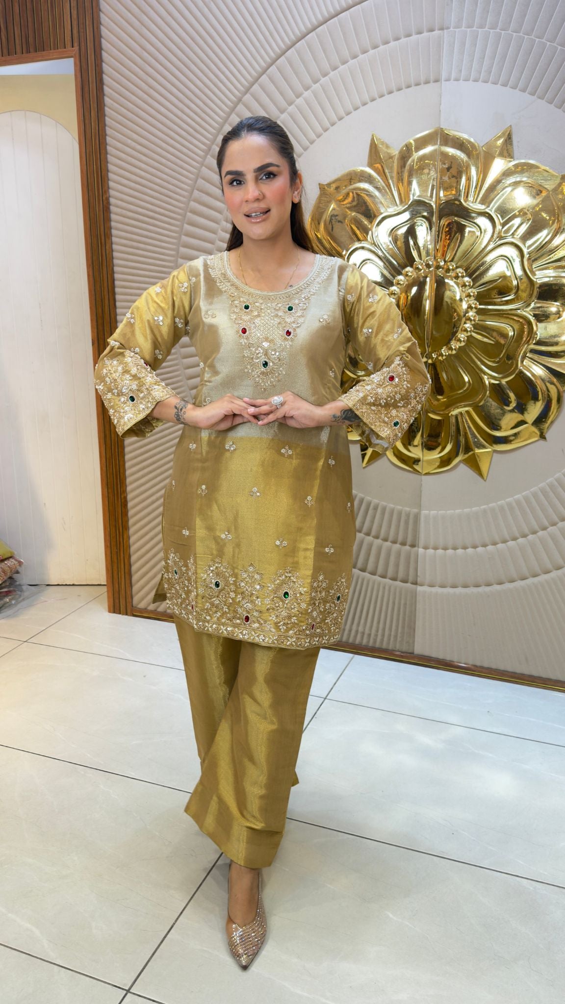 Beautiful golden-beige tissue or silk co-ord/kurta and pant set pc3392