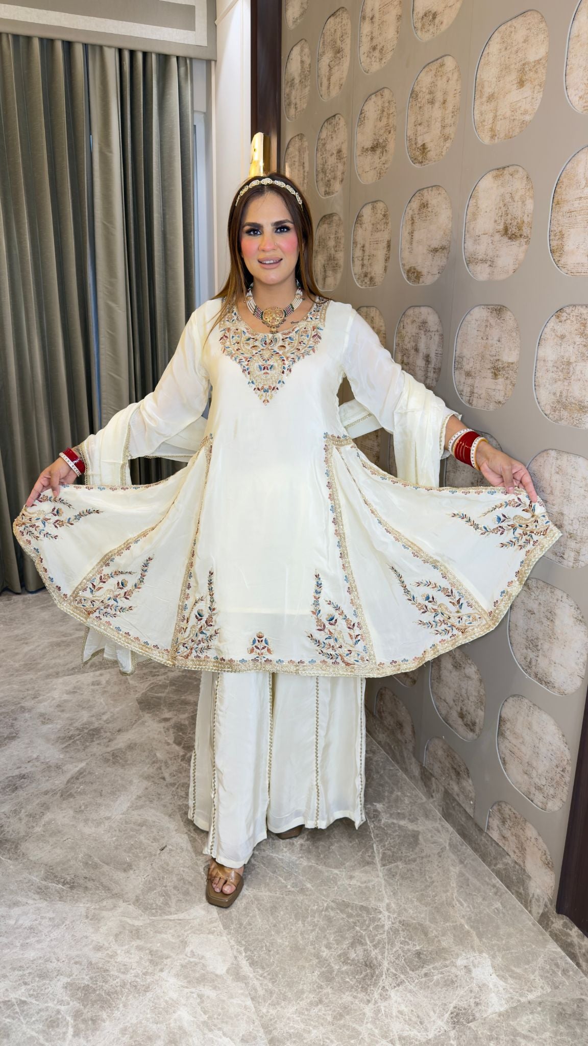 Elegant Chinon embroidered sequin-work A-line kurta and sharara set with a matching dupatta pc3380