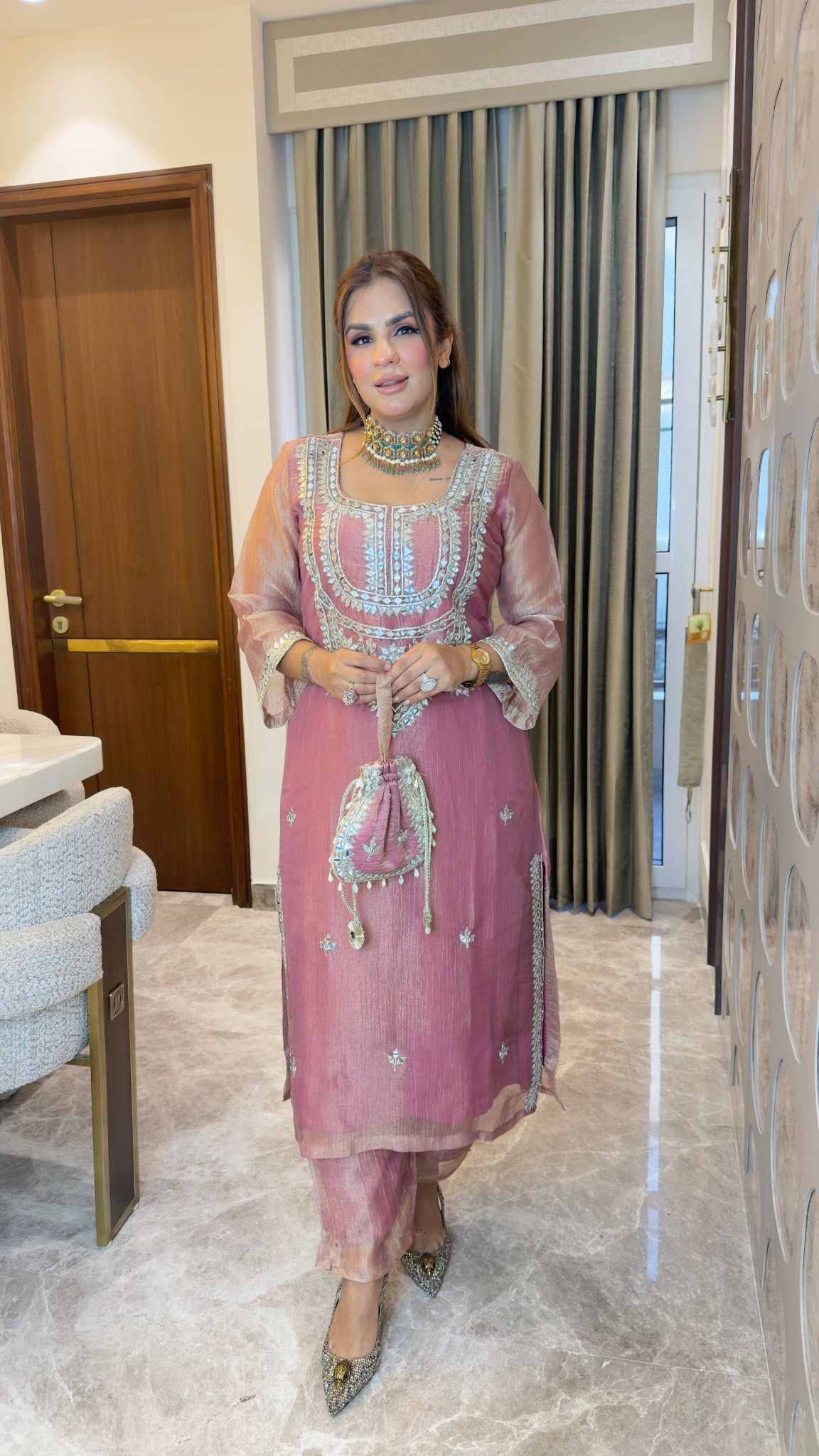 Beautiful pink shimmer organza or tissue mirror-embroidered kurta and trousers set pc3345
