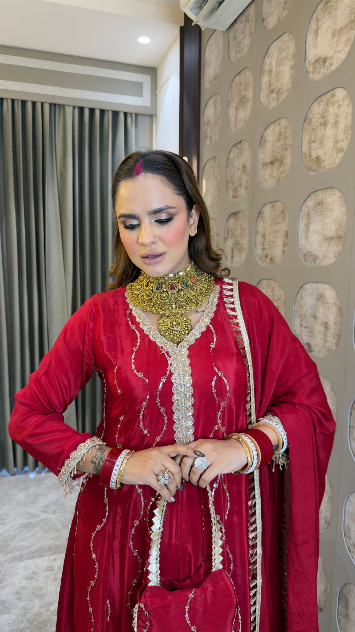 Beautiful  red embroidered A-line panelled kurta set pc3362