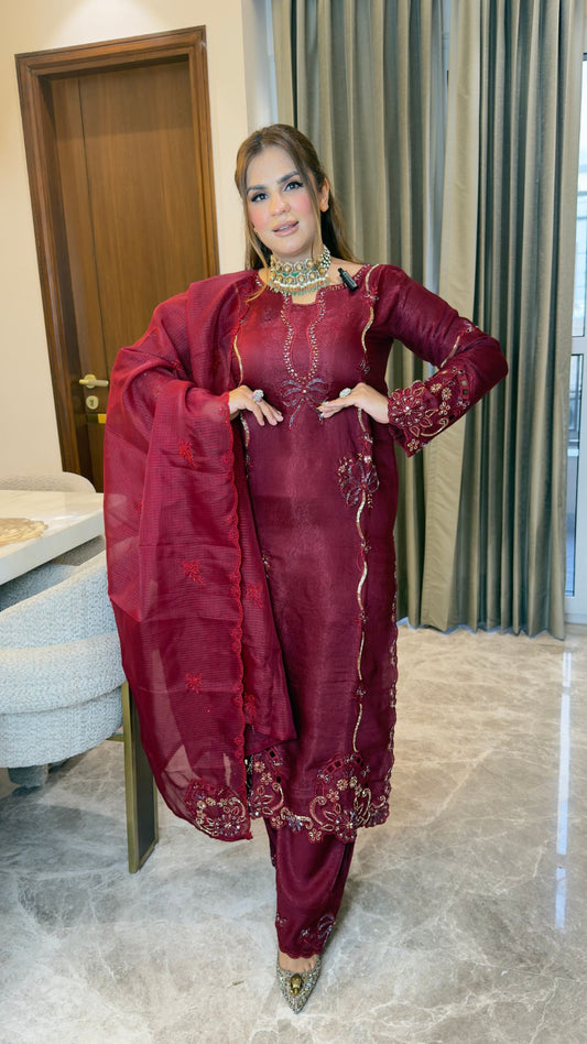 elegant  burgundy ethnic 3-piece kurta set pc3342