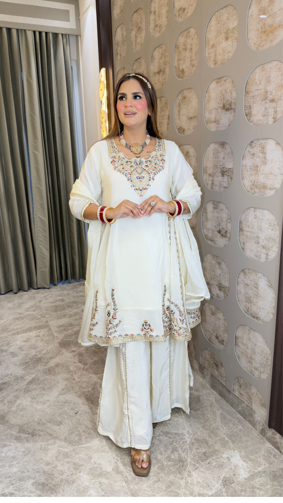 Elegant Chinon embroidered sequin-work A-line kurta and sharara set with a matching dupatta pc3380