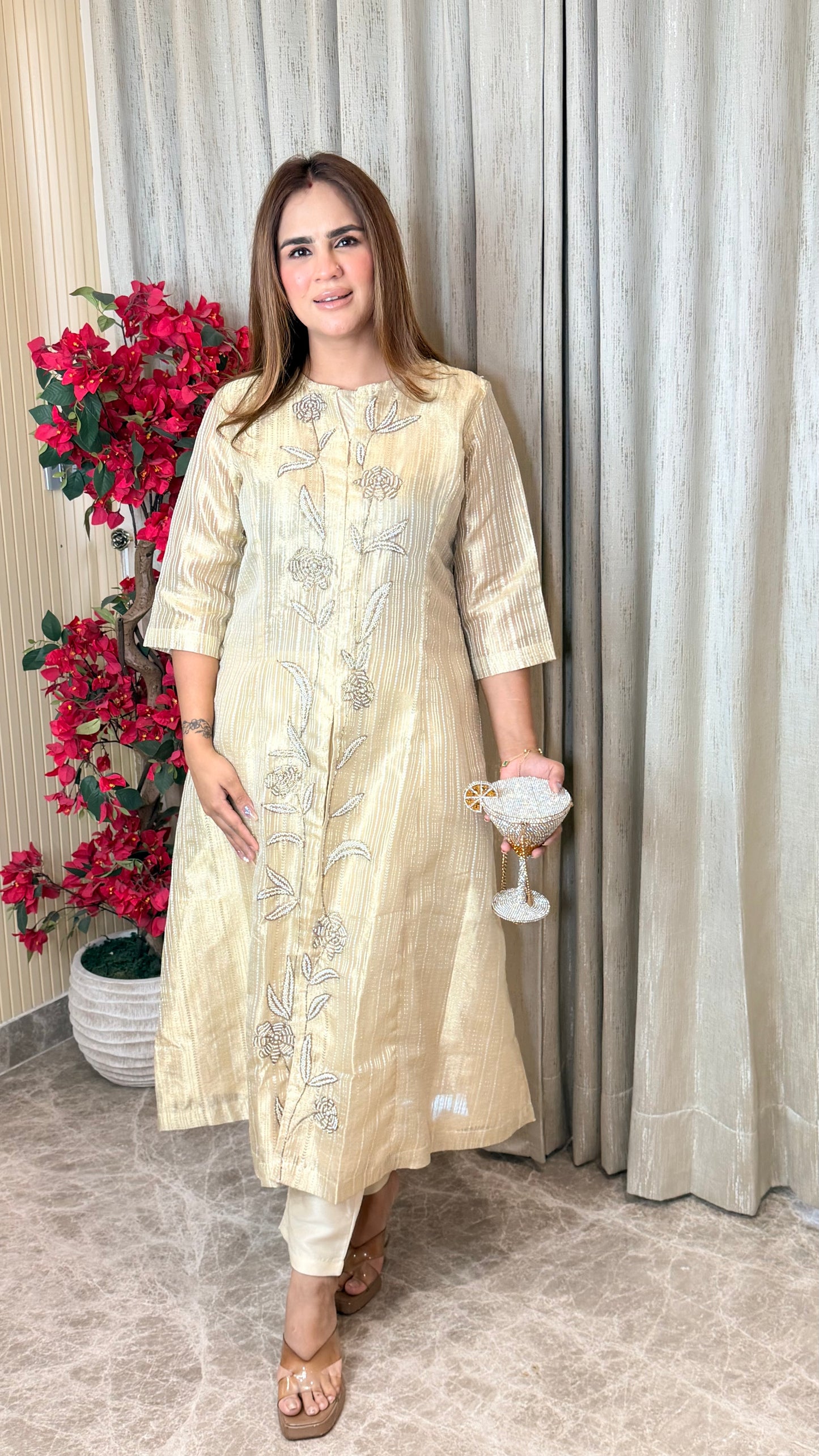 Ivory Floral Embroidered Kurta Cord Set PC3489