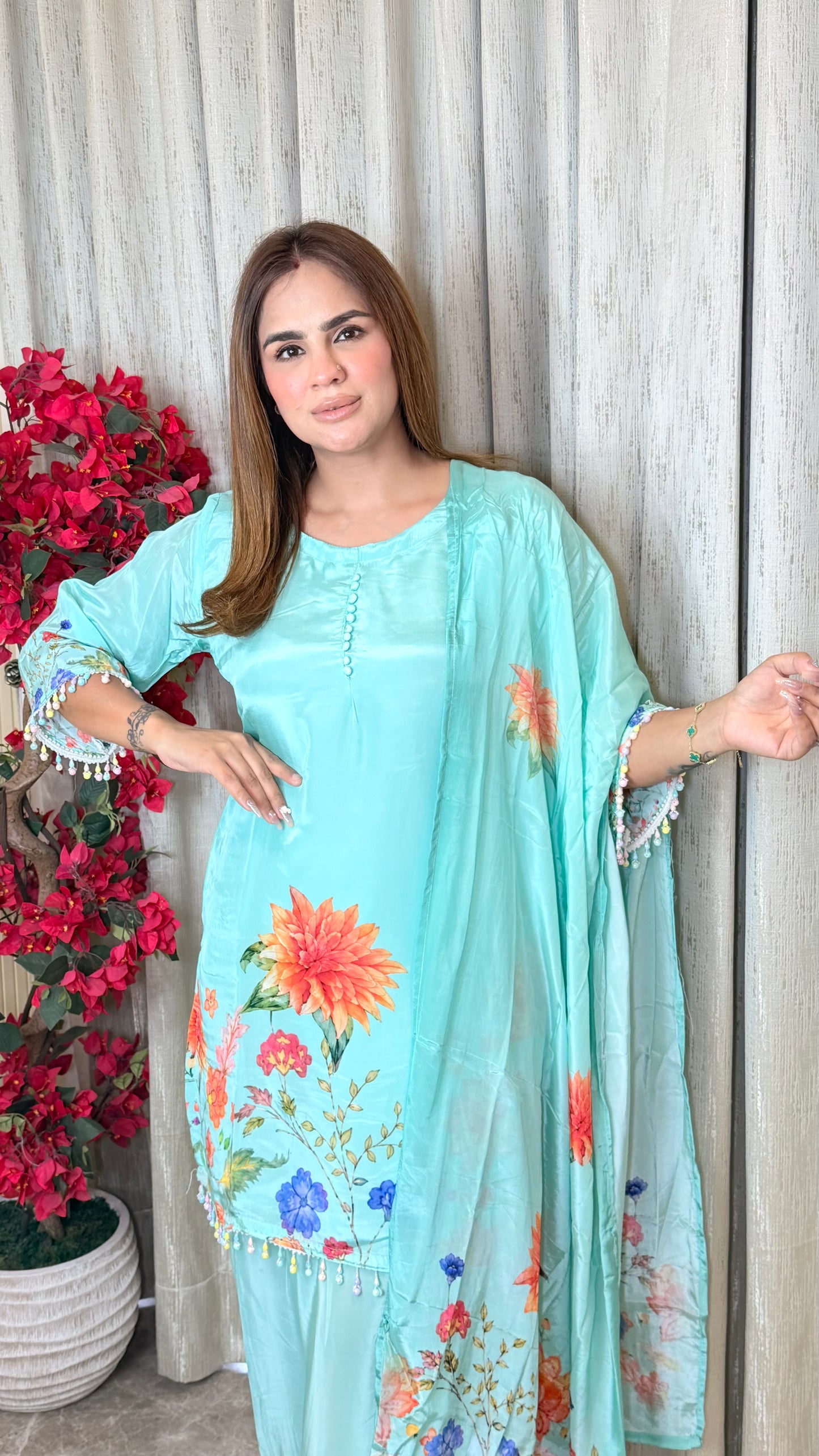Pastel blue floral printed suit PC3493