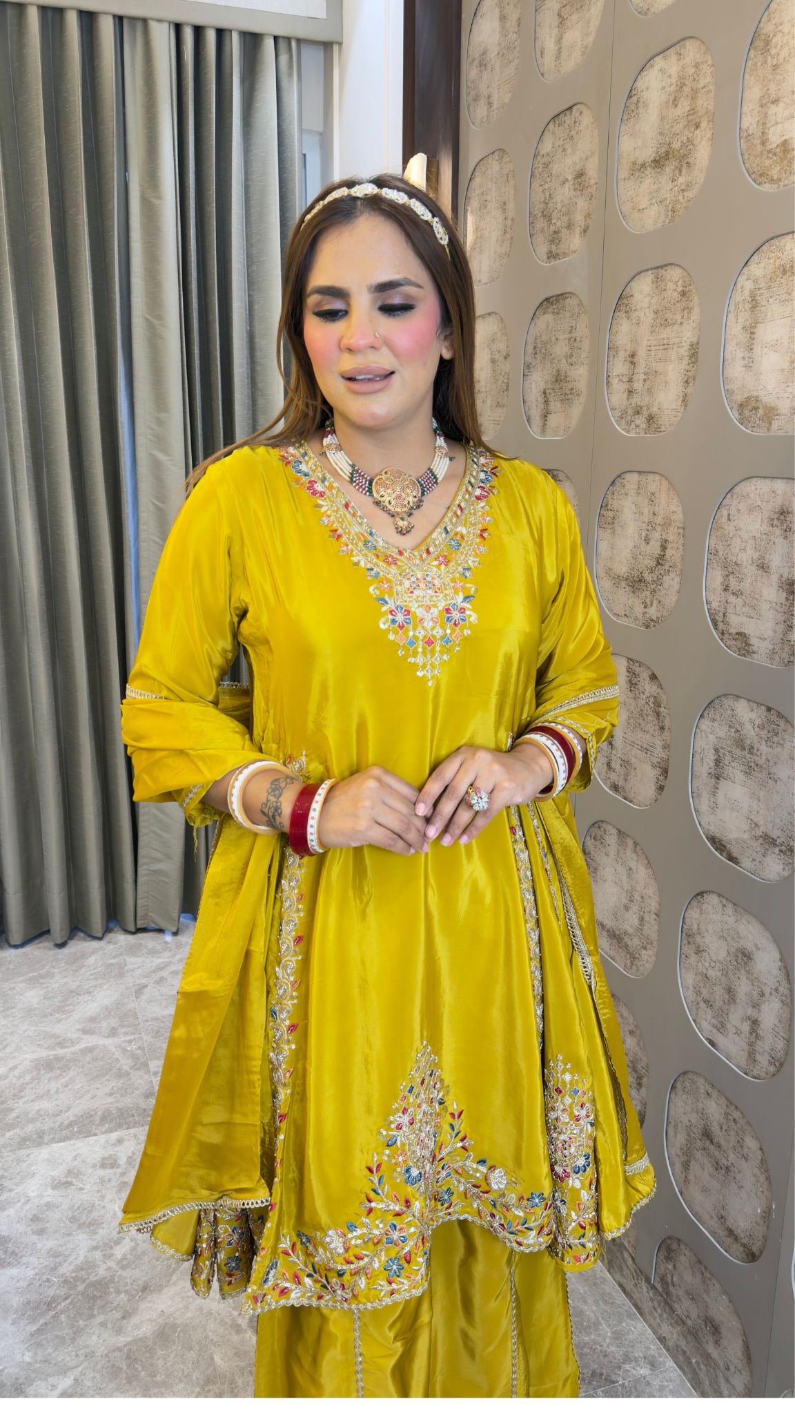 Elegant Chinon embroidered sequin-work A-line kurta and sharara set with a matching dupatta pc3380