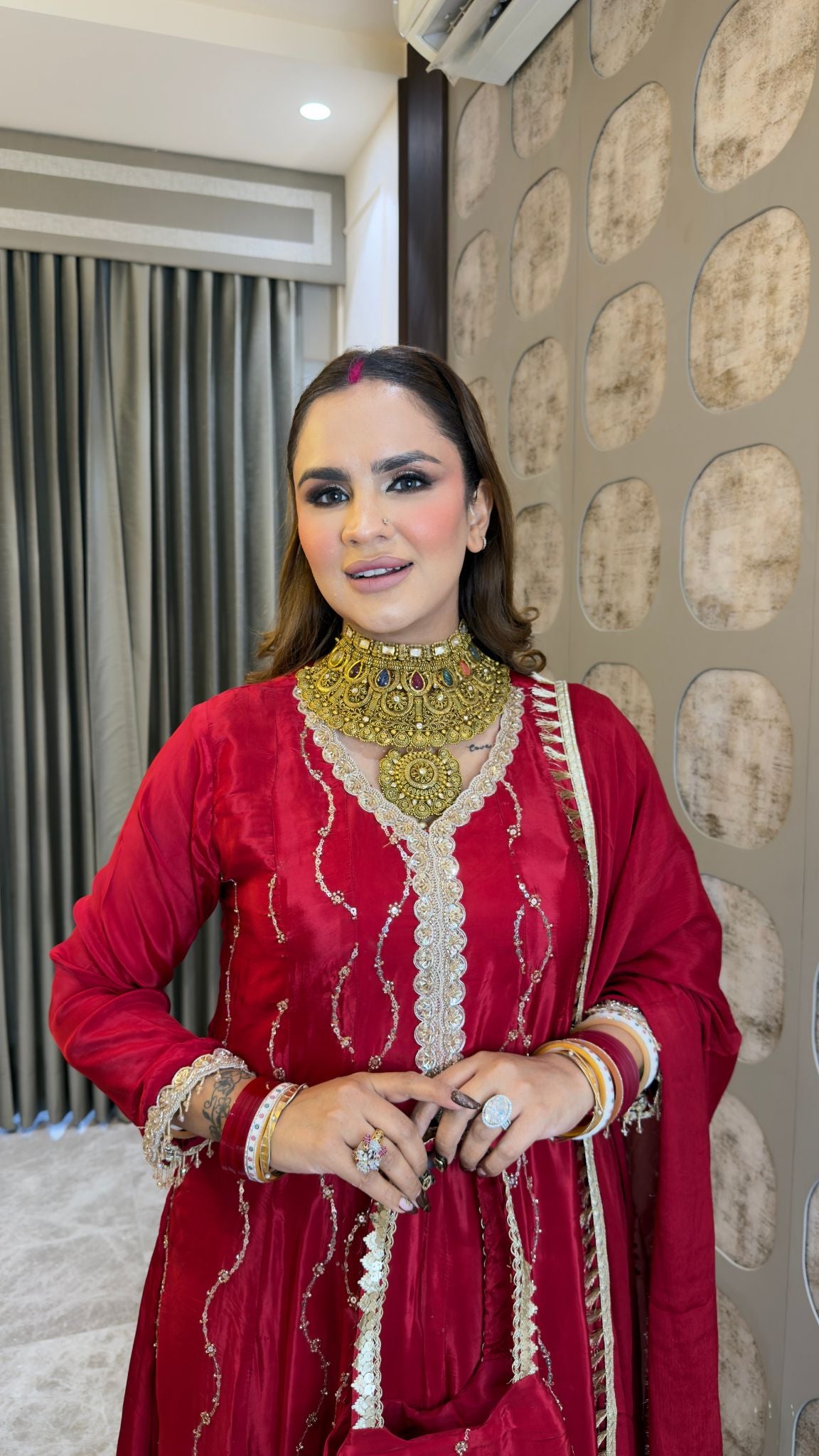 Beautiful  red embroidered A-line panelled kurta set pc3362