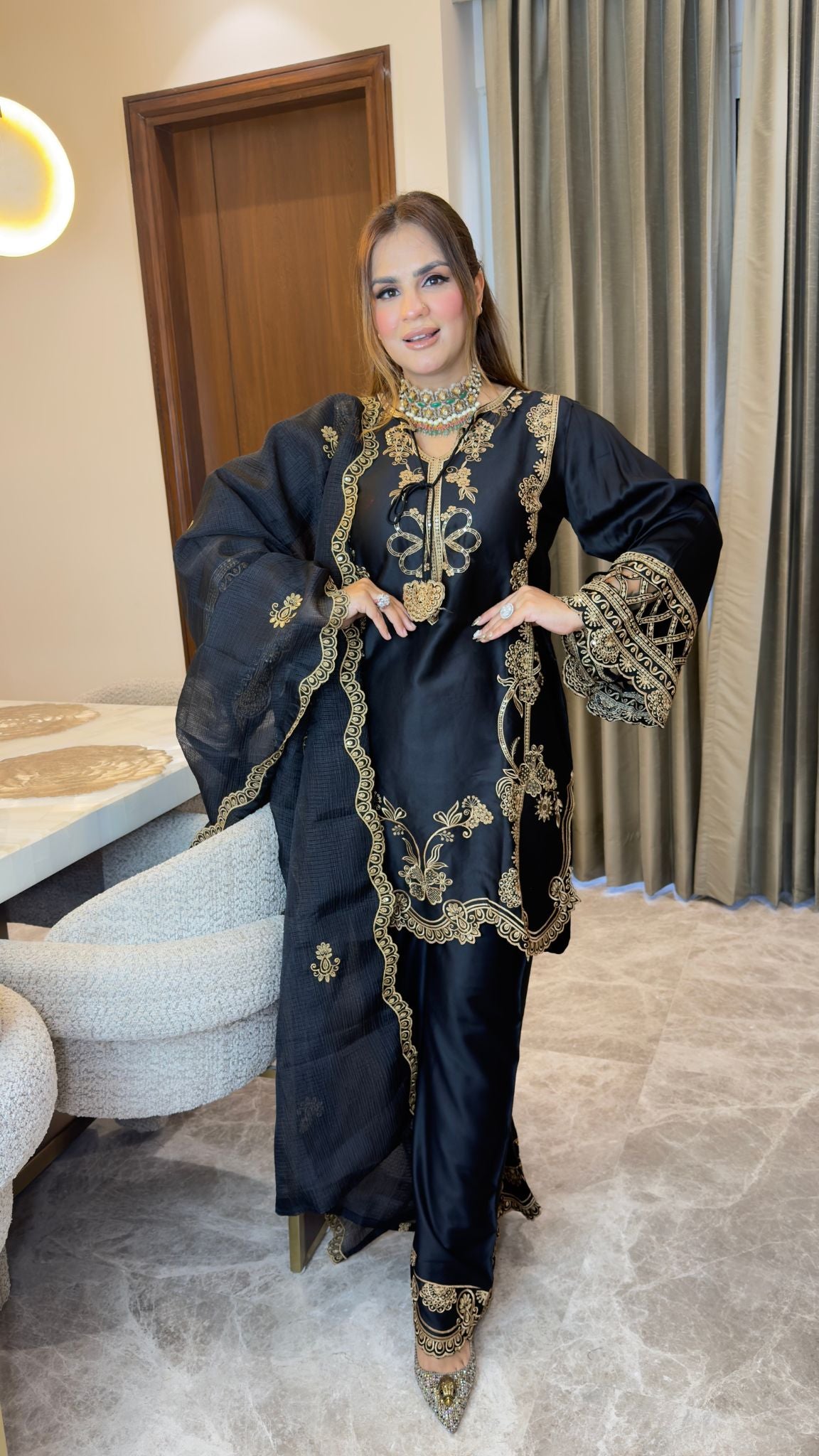 elegant sage-green silk or satin ethnic suit pc3341