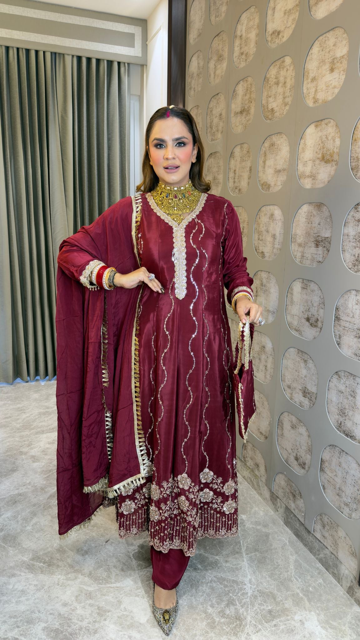 Beautiful  red embroidered A-line panelled kurta set pc3362