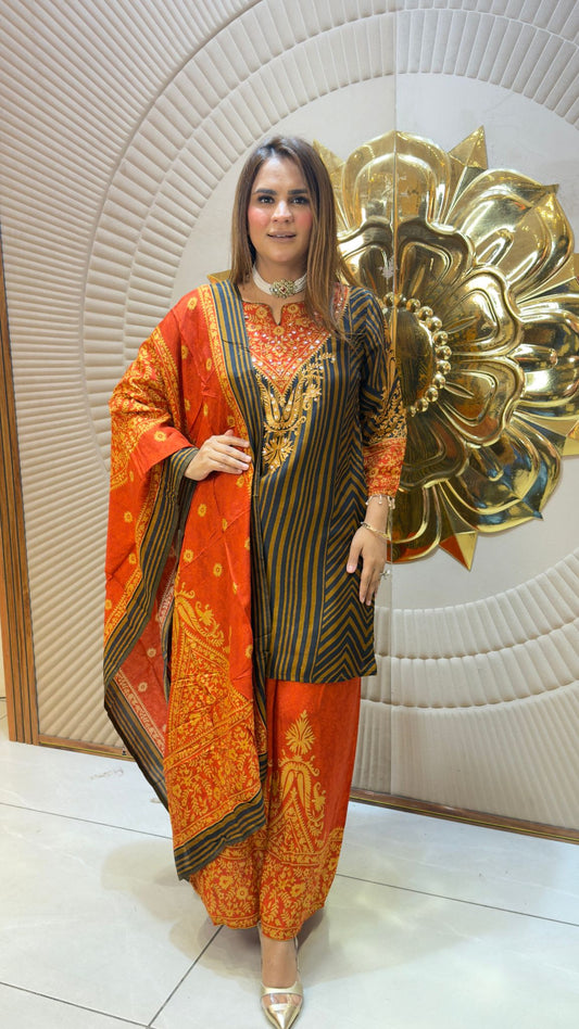 Beautiful olive green digital print silk-blend designer suit set pc3822
