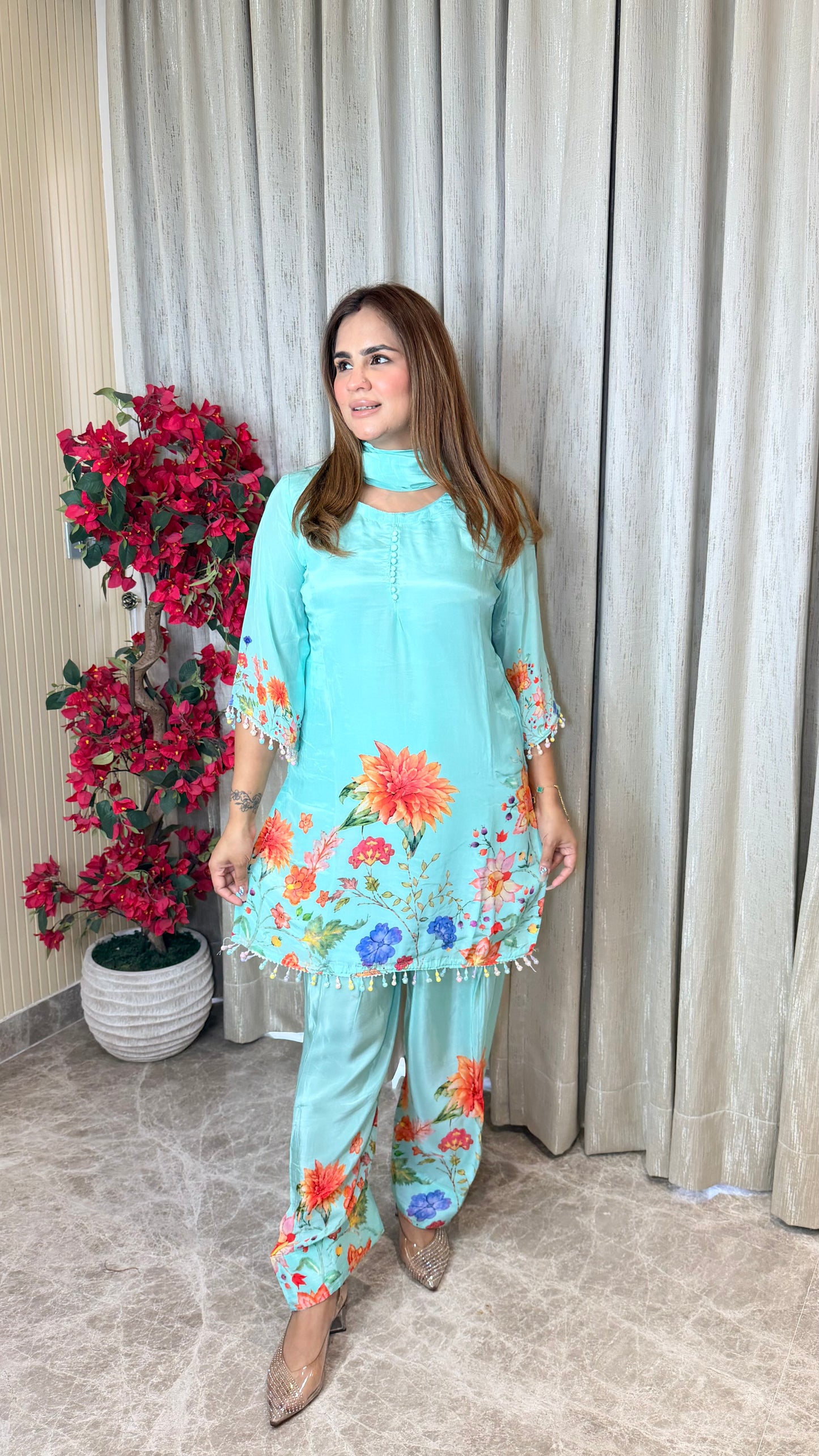 Pastel blue floral printed suit PC3493