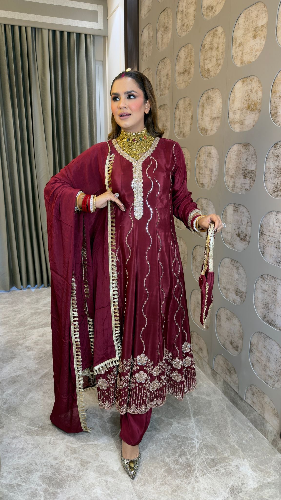 Beautiful  red embroidered A-line panelled kurta set pc3362