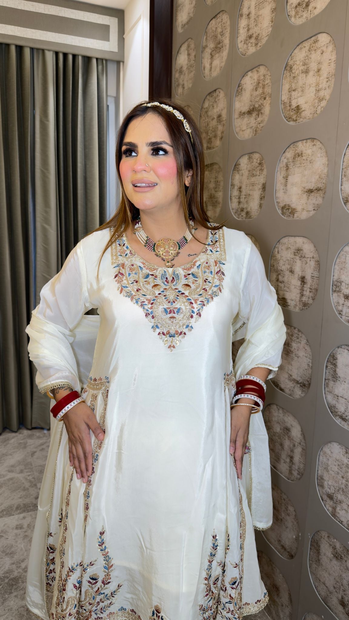 Elegant Chinon embroidered sequin-work A-line kurta and sharara set with a matching dupatta pc3380