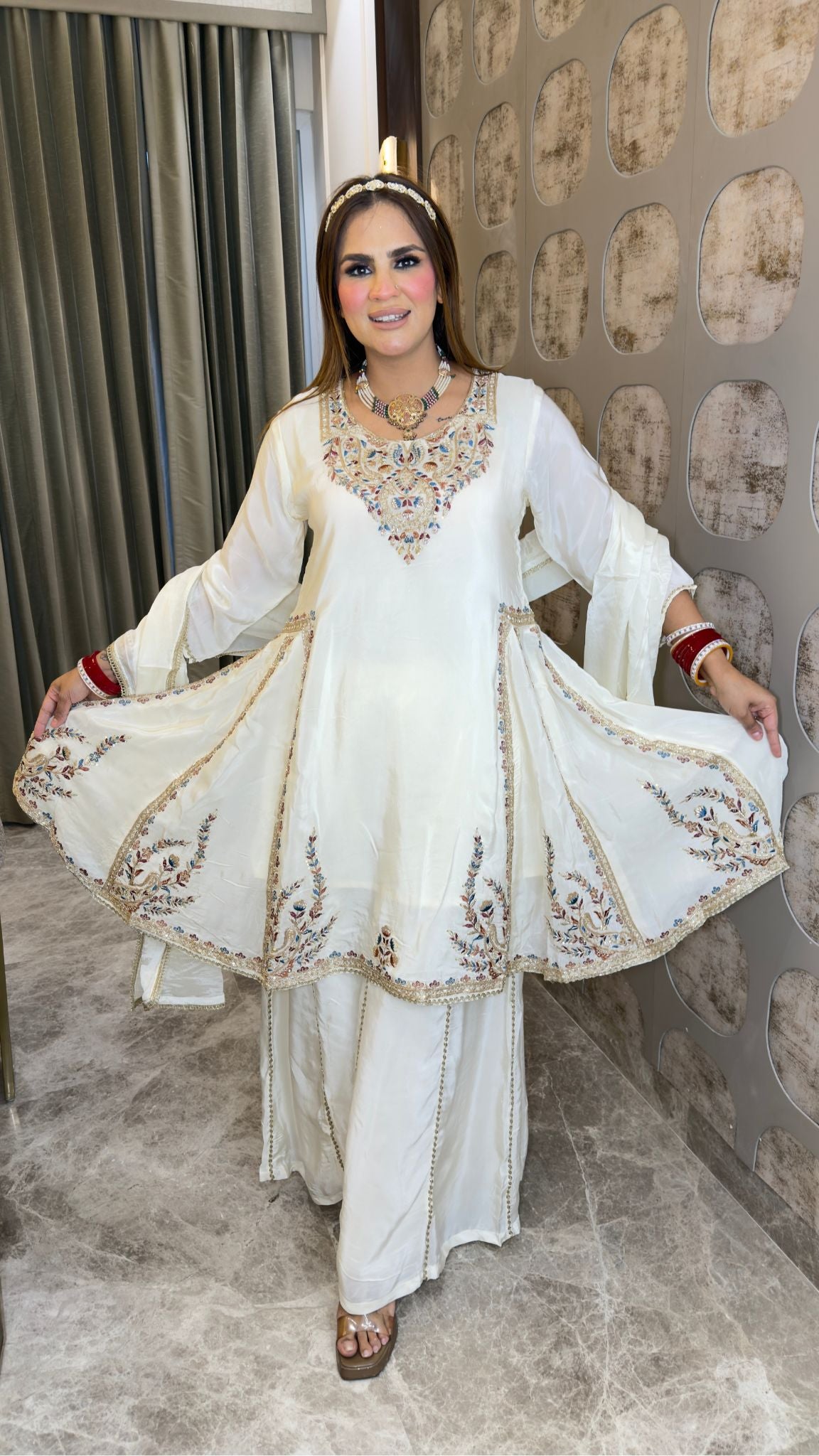 Elegant Chinon embroidered sequin-work A-line kurta and sharara set with a matching dupatta pc3380