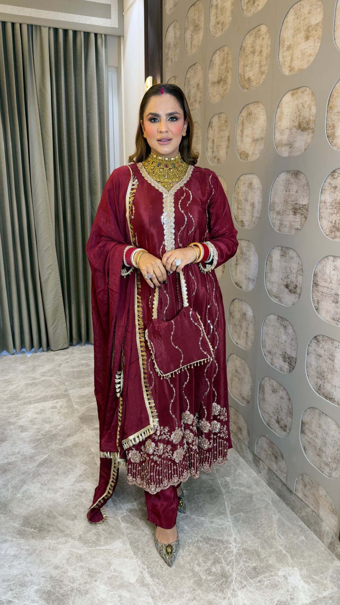 Beautiful  red embroidered A-line panelled kurta set pc3362