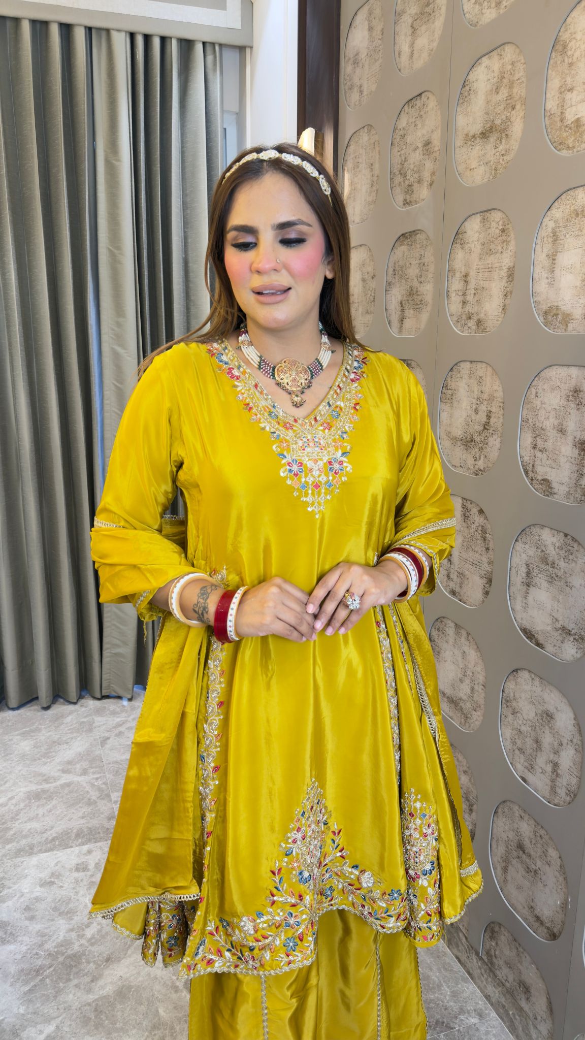 Elegant Chinon embroidered sequin-work A-line kurta and sharara set with a matching dupatta pc3380