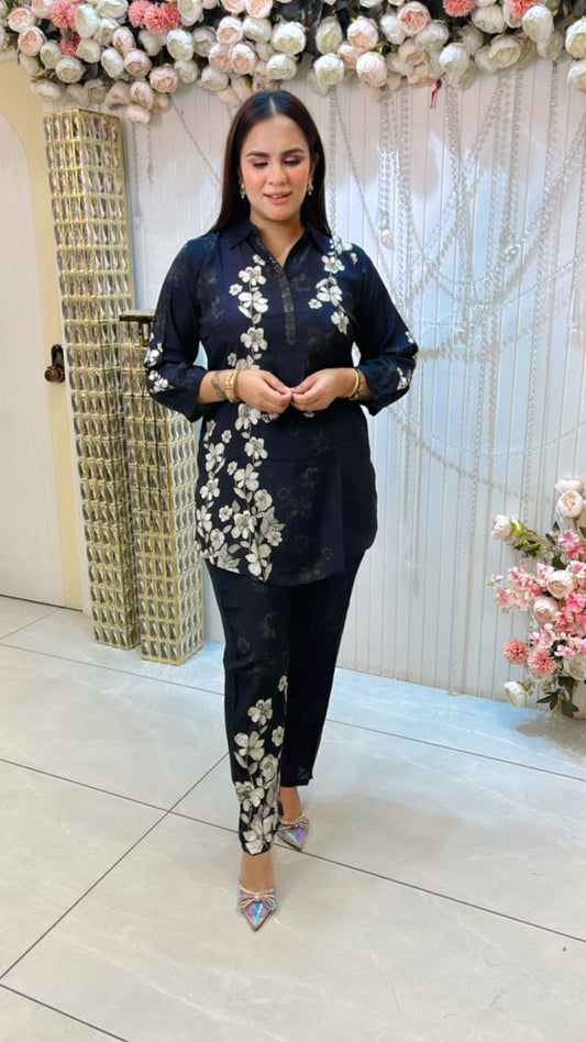 Beautiful Co-Ord Set With Flower Work PC1291