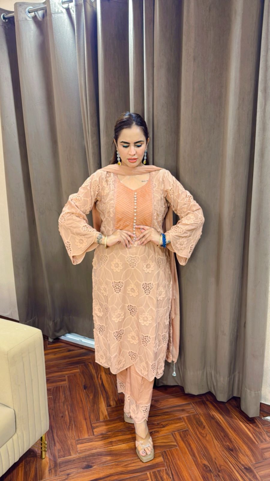 Beautiful Crape Crochet Suit With Cotton Pants PC1512