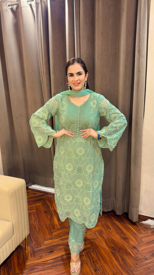 Beautiful Crape Crochet Suit With Cotton Pants PC1512