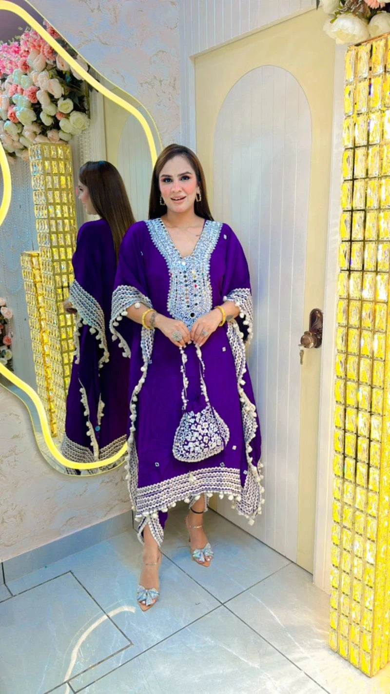 Beautiful Kaftan Suit With Mirror Work & Potli PC010