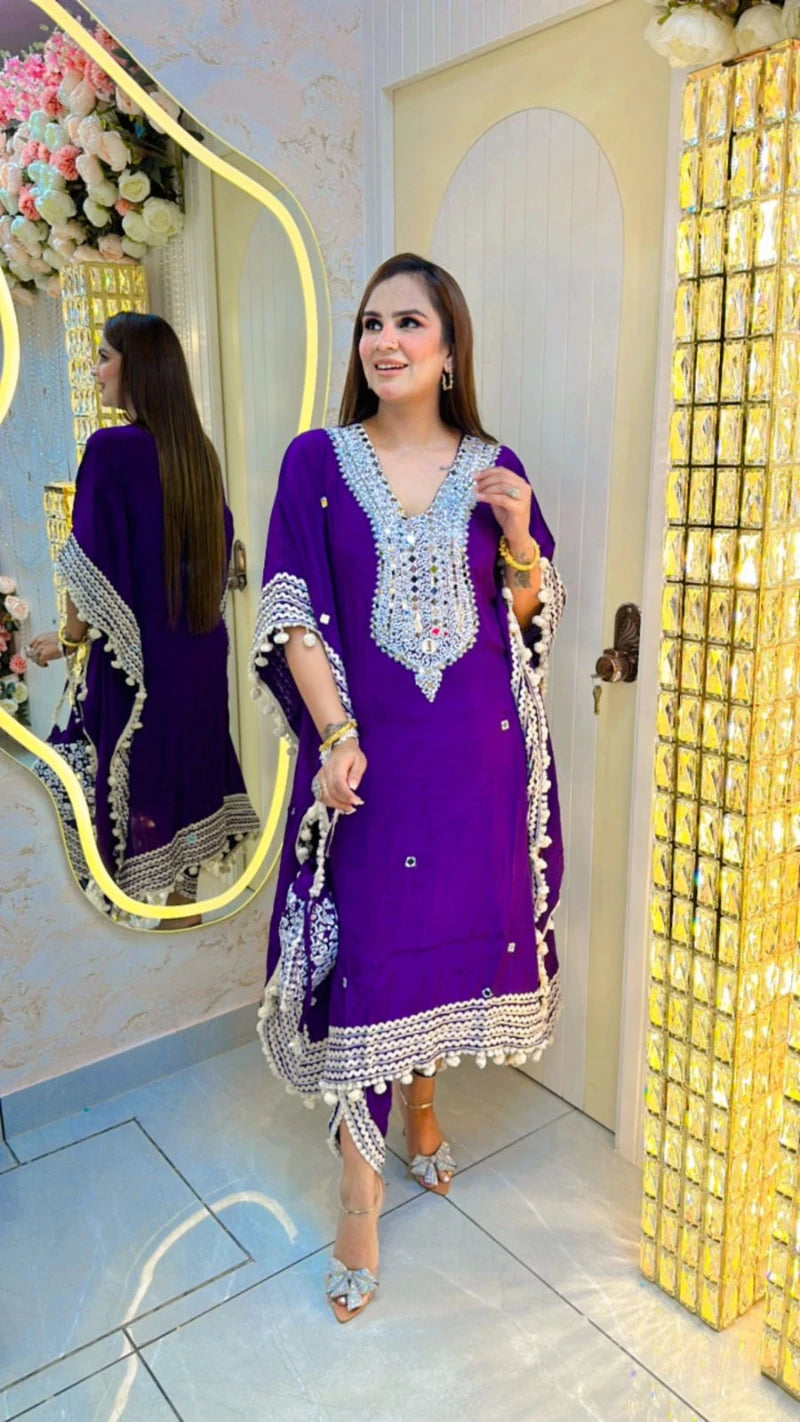 Beautiful Kaftan Suit With Mirror Work & Potli PC010