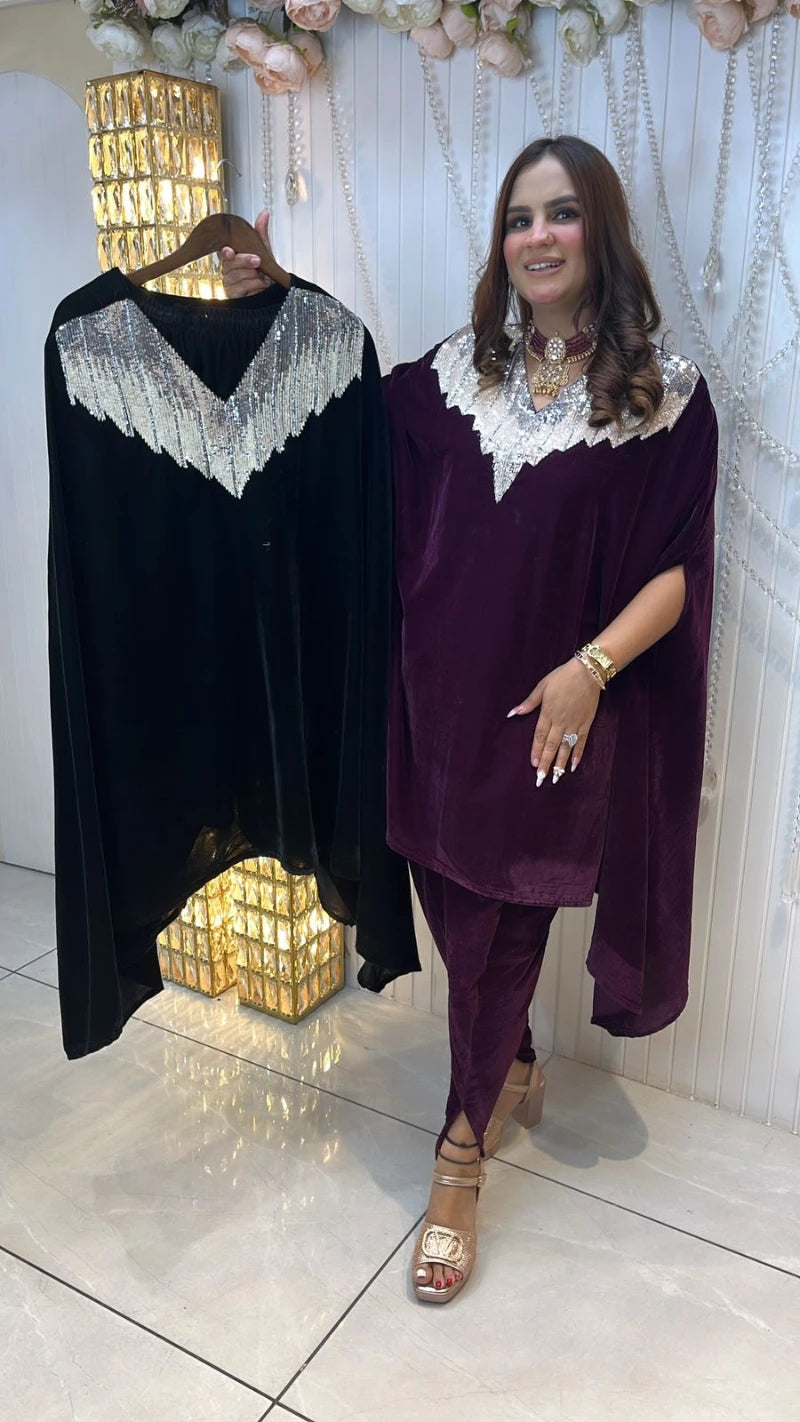 Beautiful Kaftan With Tulip Pant & Hand Embroidery On Neck PC023