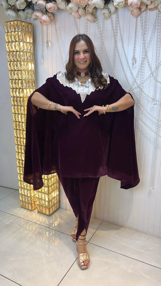 Beautiful Kaftan With Tulip Pant & Hand Embroidery On Neck PC023