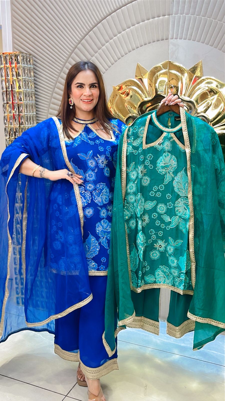 Beautiful Suit With Flower Patter and Leaf Cut Neck PC1522