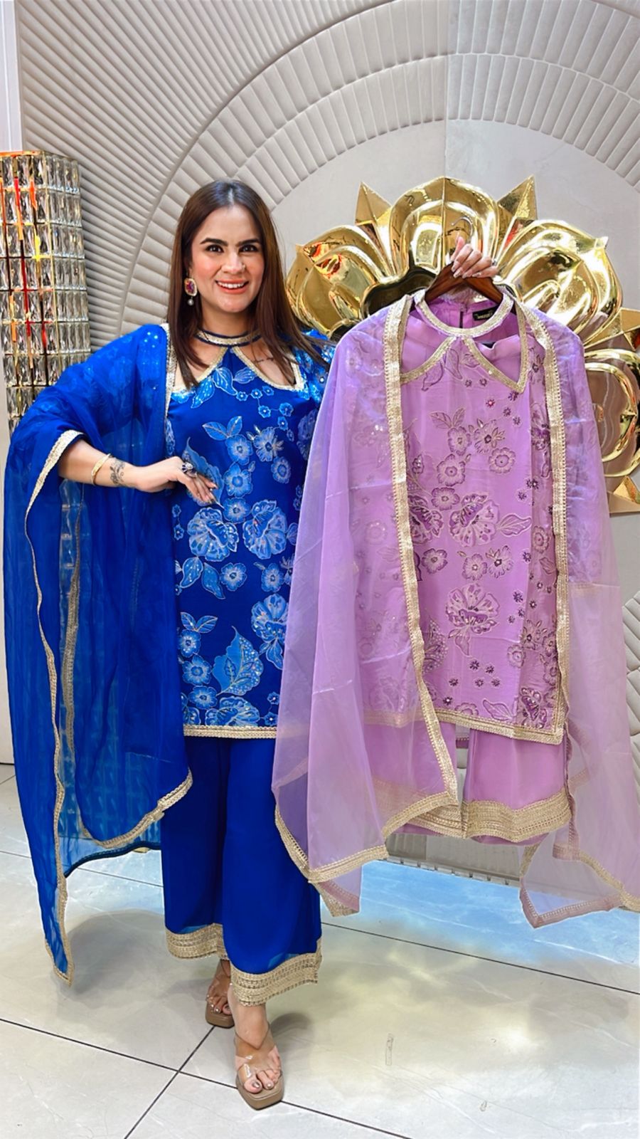 Beautiful Suit With Flower Patter and Leaf Cut Neck PC1522