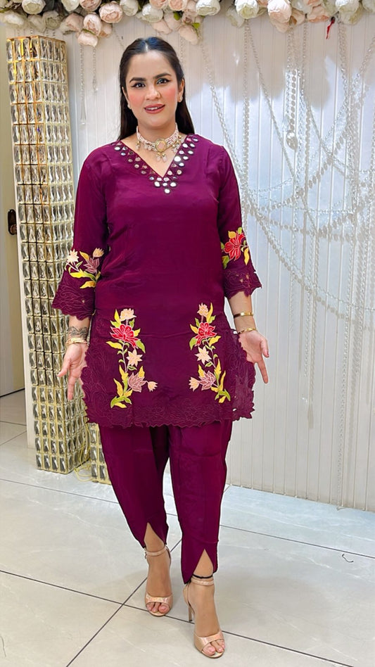 Beautiful V-Neck Co-Ord Set With Mirror Work PC1218