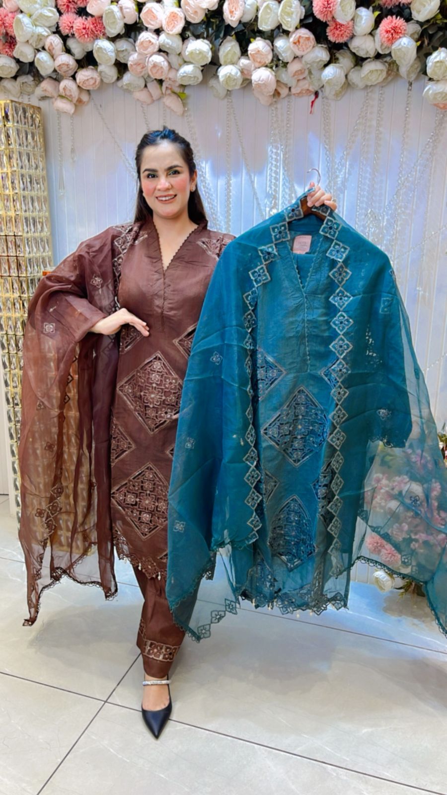Beautiful V-Neck Floral Cut Work Suit PC1190
