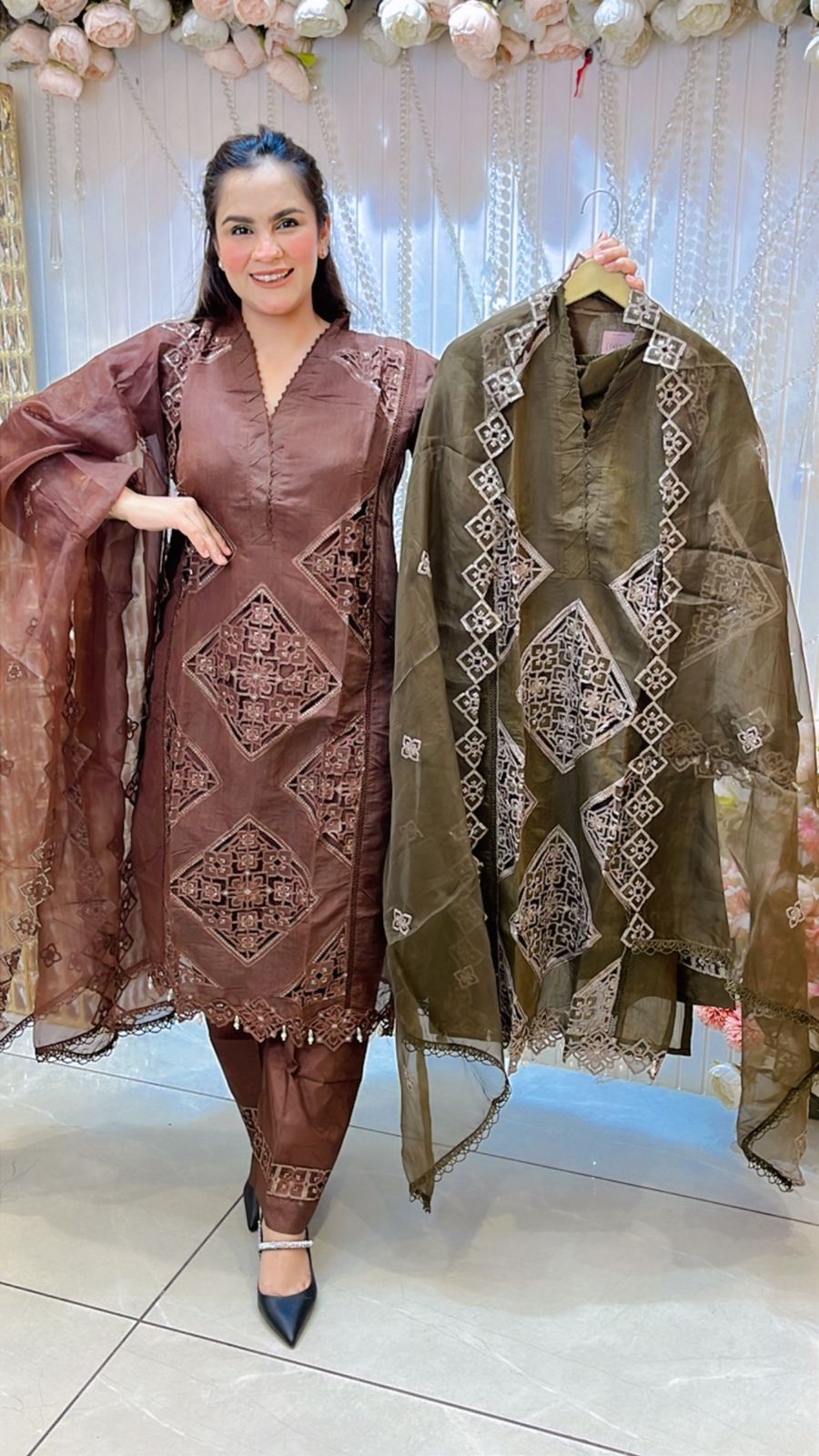 Beautiful V-Neck Floral Cut Work Suit PC1190