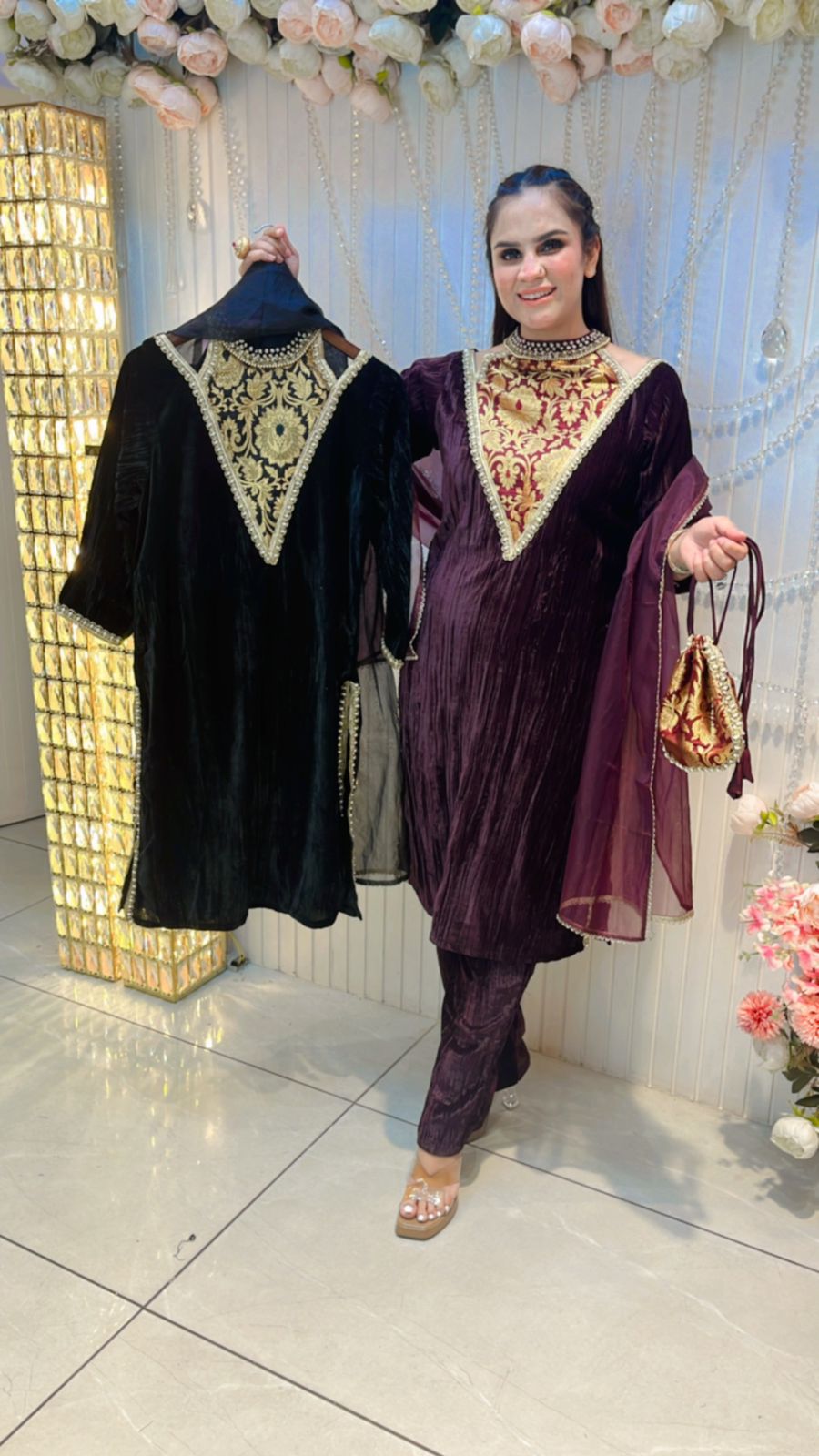 Beautiful Velvet Suit With Brocade Work & Potli PC206