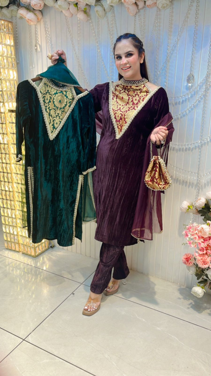 Beautiful Velvet Suit With Brocade Work & Potli PC206