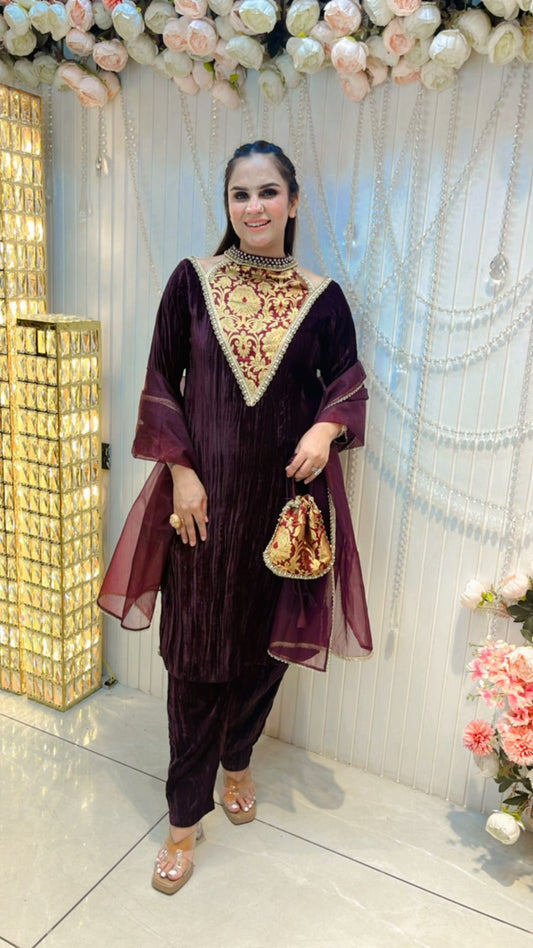 Beautiful Velvet Suit With Brocade Work & Potli PC206