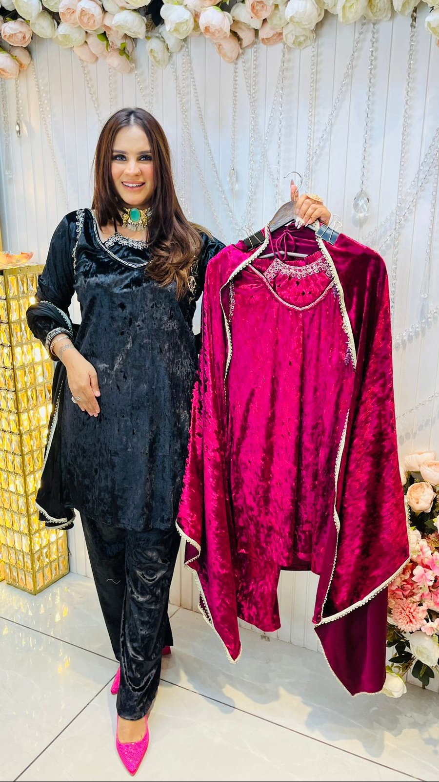 Beautiful Velvet Suit With Designer Neck PC220