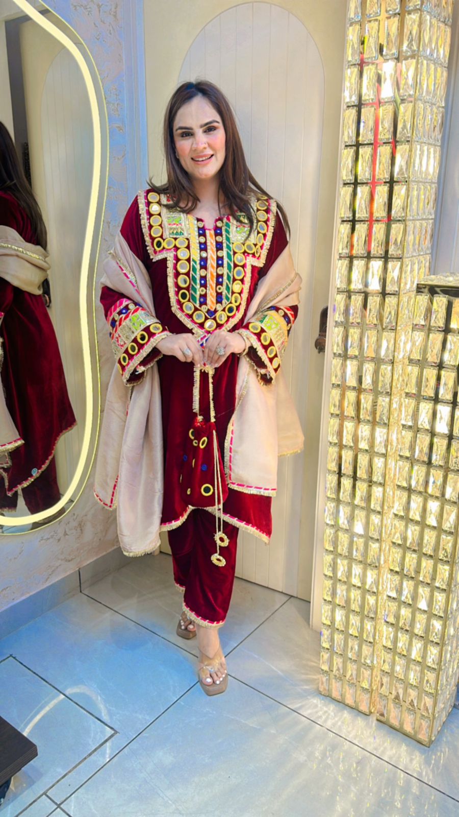 Beautiful Velvet Suit With Heavy Mirror Work And Potli PC233