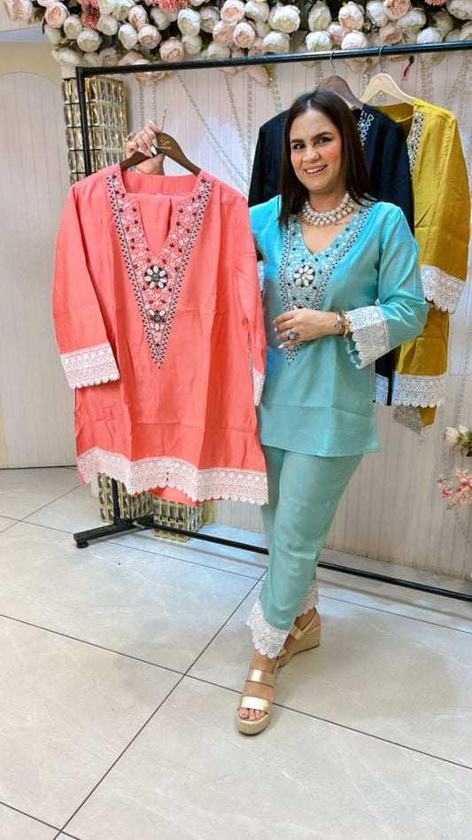 Cotton Cordset With Beautiful Neckline and Lace Work PC1038