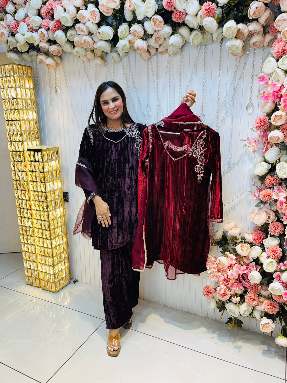 Crushed Velvet Suit With Designer Neck PC247