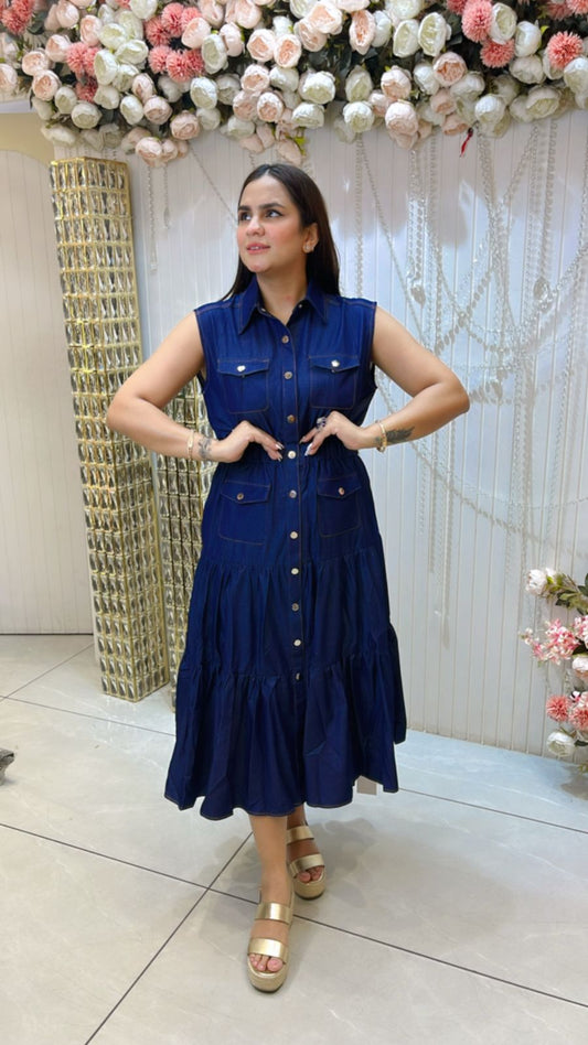 Beautiful Denim Dress With Front Pocket PC1065
