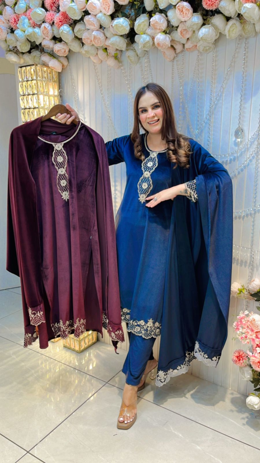 Elegant Velvet Suit With Cut Work PC191