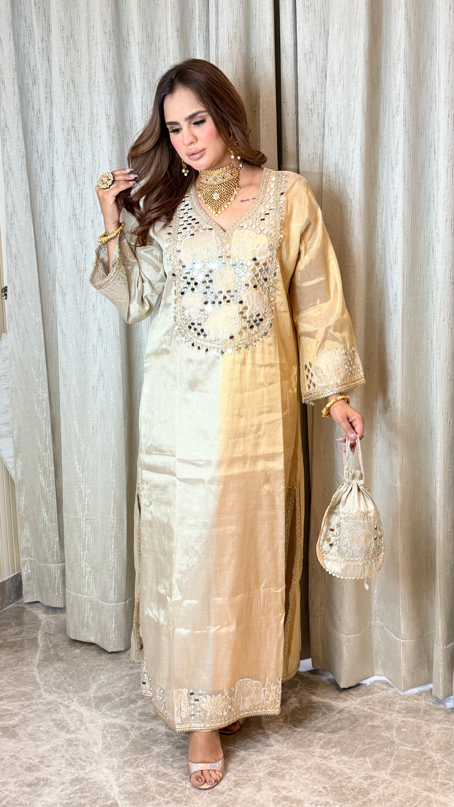 Beautiful Dual Shade Indo-Western Dress With Potli PC3334