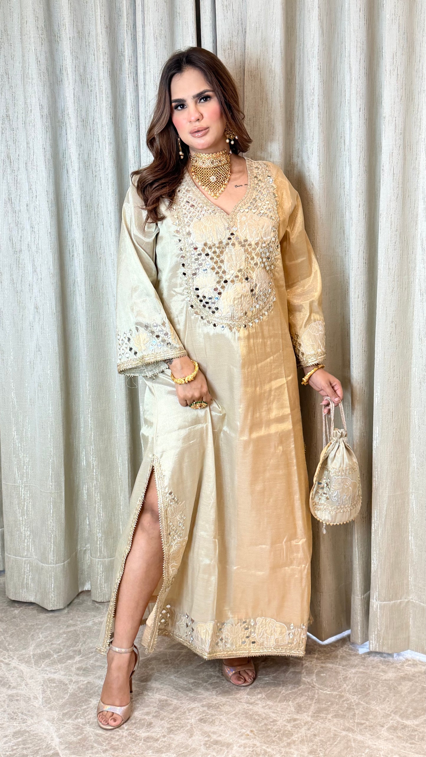 Beautiful Dual Shade Indo-Western Dress With Potli PC3334