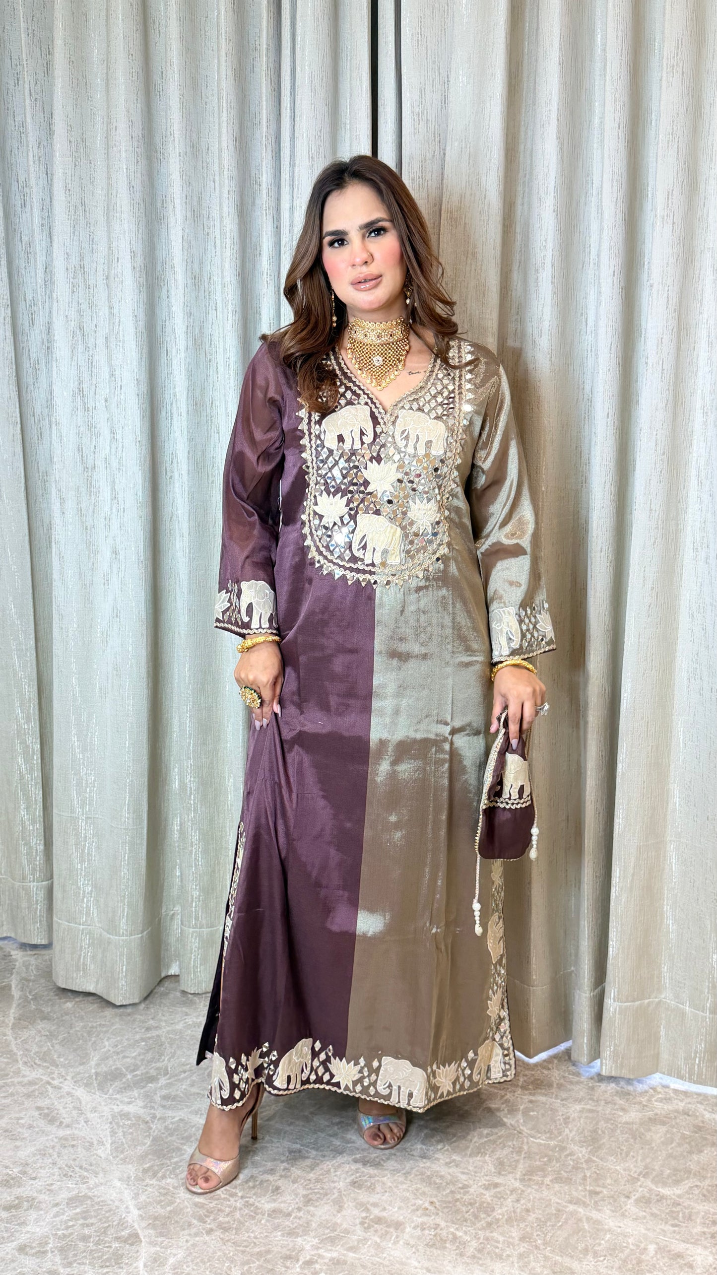 Beautiful Dual Shade Indo-Western Dress With Potli PC3334