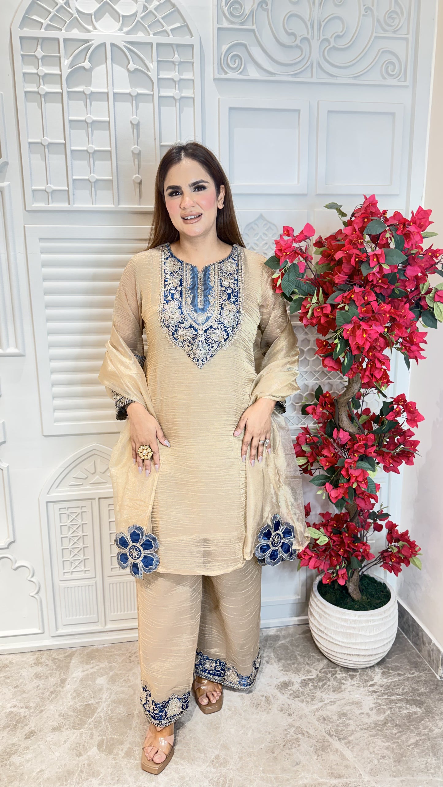 Beutiful beige suit with blue floral embroidery pc3353
