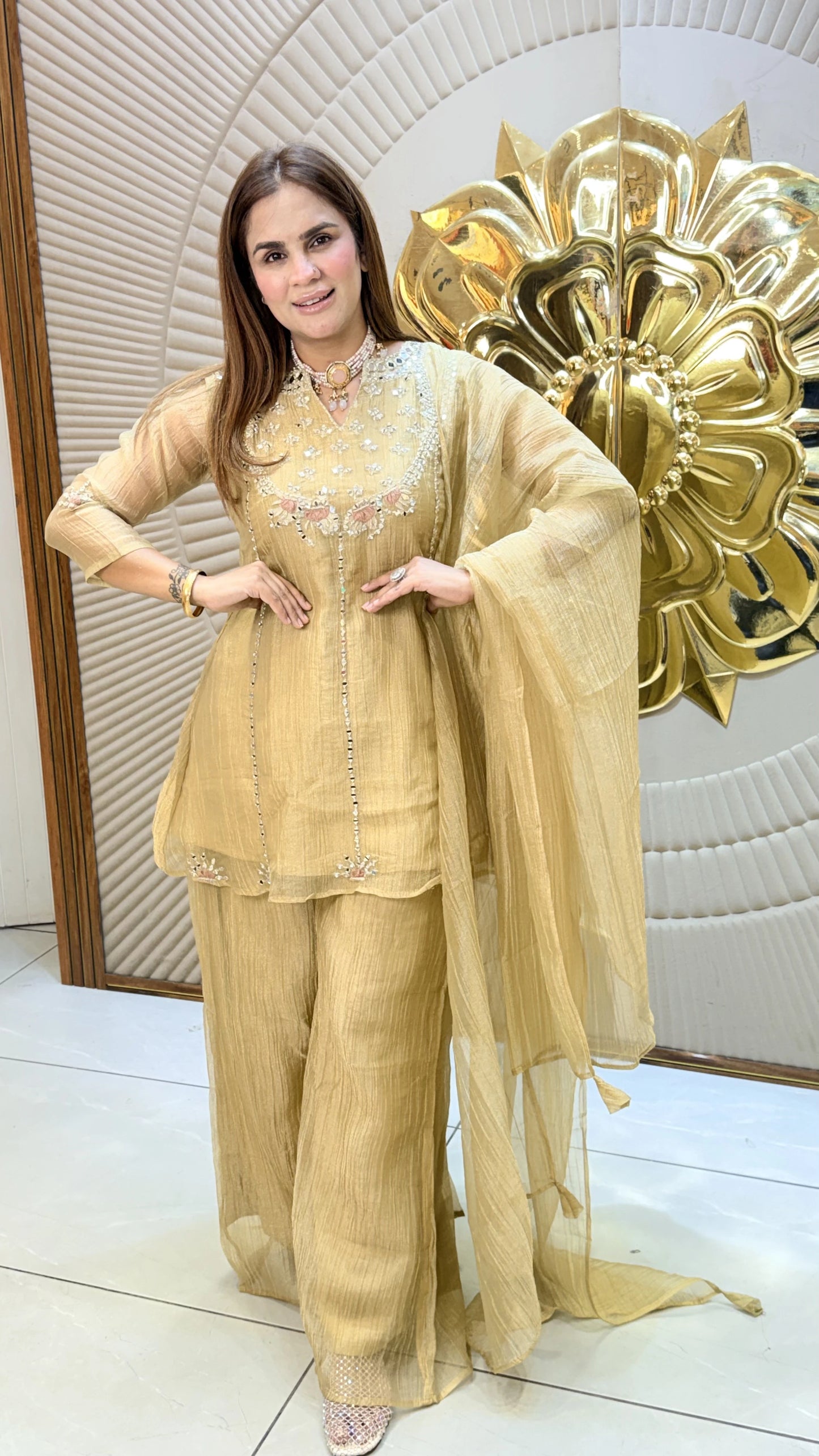 beautiful gold crush tissue sharara suit set PC3377