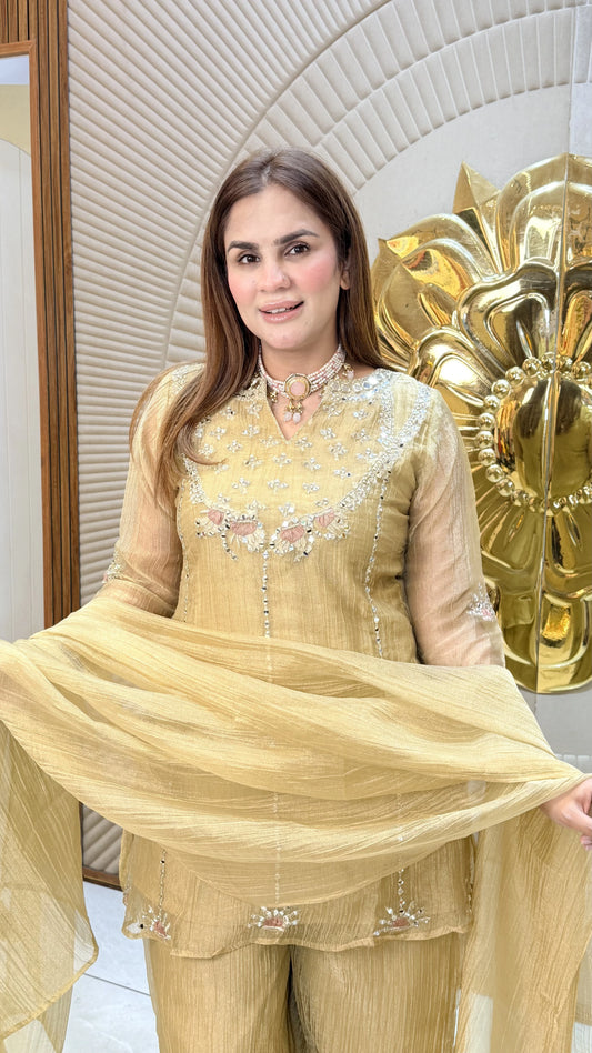 beautiful gold crush tissue sharara suit set PC3377
