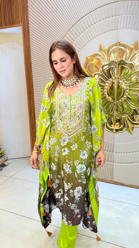 Elegant digital printed silk kaftan set PC3381