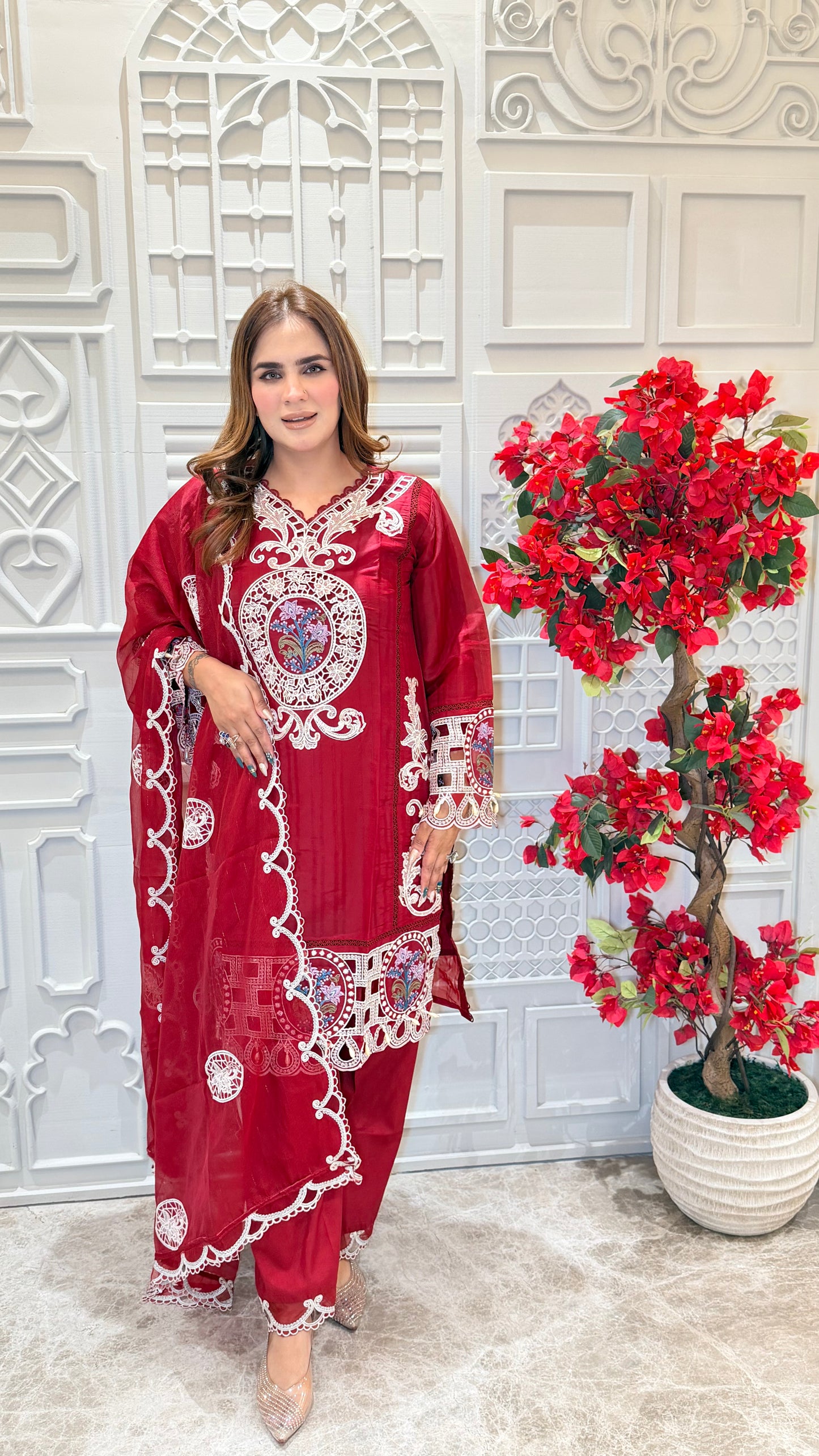 Elegant Kurta Set white floral lace embroidery PC3388