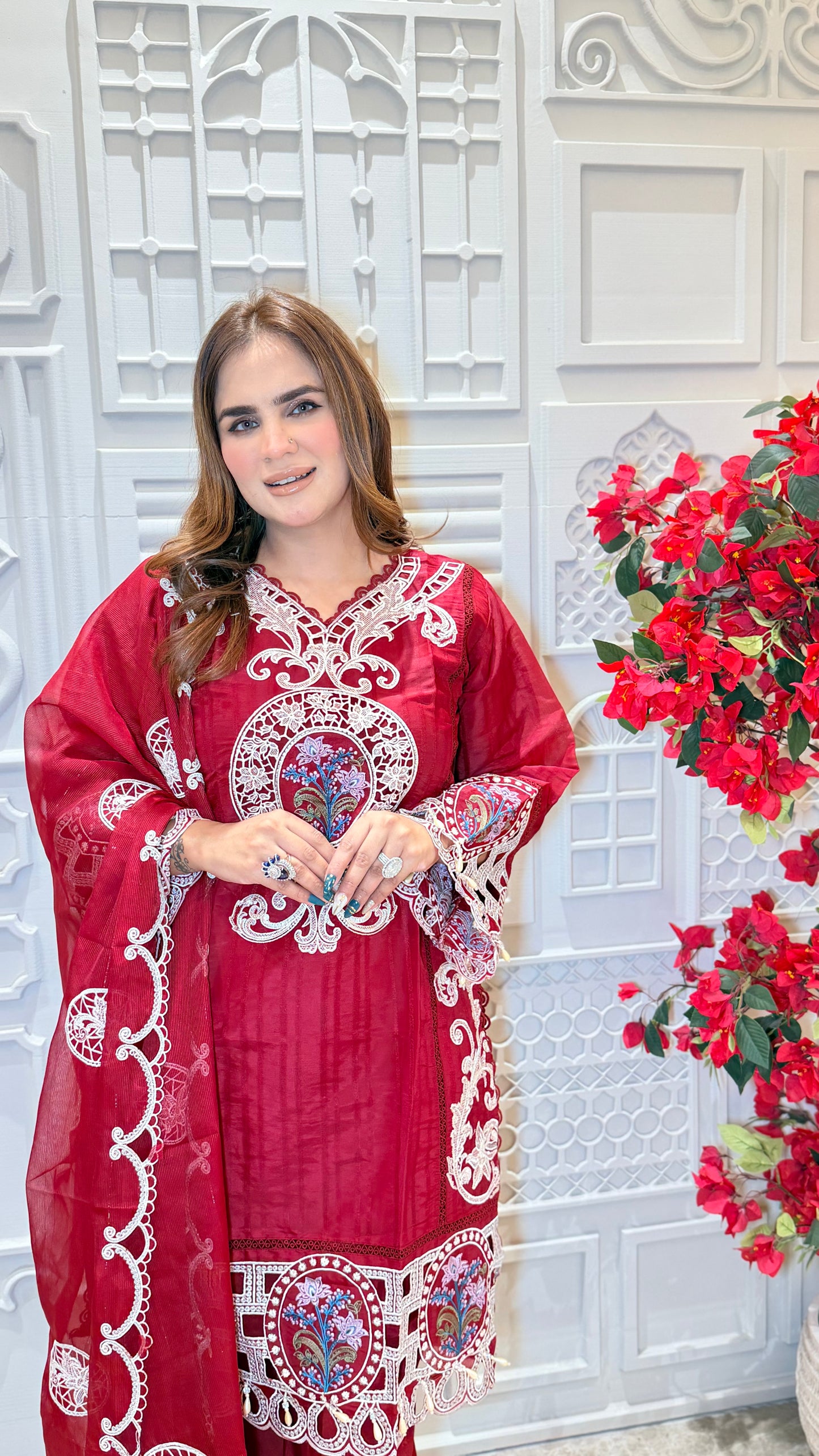 Elegant Kurta Set white floral lace embroidery PC3388
