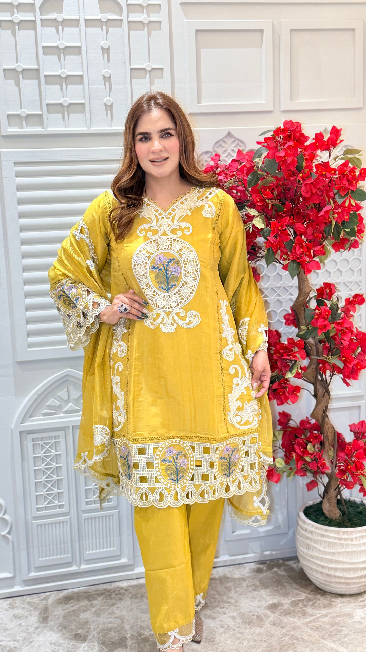Elegant Kurta Set white floral lace embroidery PC3388